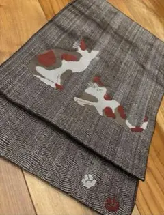 名古屋帯　芯なし　スリーシーズン　猫　足跡がかわいい　茶系　中古美品