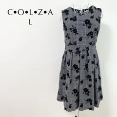 COLZA 花柄 フロッキー グレンチェック フレアワンピース 黒 L 美品