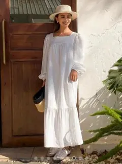 ホワイト ワンピース　DAZY リネン 無地 春 秋 ミディ丈ドレス レディース