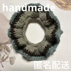 【ハンドメイド】　シュシュ　フリル　小ぶり　ベージュ　ブラウン　ブルー