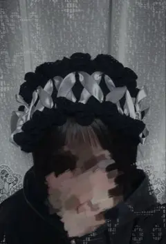 ヘッドドレス ハンドメイド 編み物 ヘアピン付き ブラック×シルバー