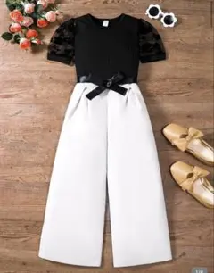 花柄刺繍 メッシュキャミトップス ワイドレッグパンツ 上下セット120