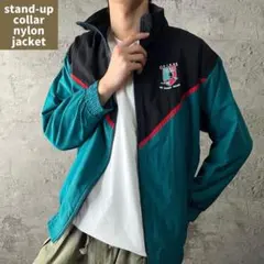 90s ナイロンジャケット バイカラー 切替 刺繍ロゴ スタンドカラー 古着レア