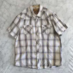 18　RedCamel　半袖シャツ　XL　薄肌色紺　チェック　US古着