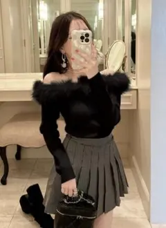 三上悠亜 ファーオフショルダーニットトップス an1271