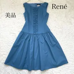 美品✨️ルネ フレアワンピース リボン フリル ノースリーブ ブルー 38のサムネイル