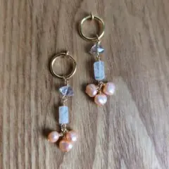 ハーキマーダイヤモンド×淡水パールのノエルフープイヤリング　卒業　入園