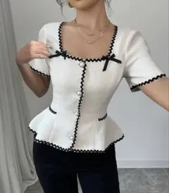 shein 55140708 スクエアネック リボン フリル 半袖ブラウス