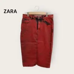 ZARA　デニム　スカート　赤　タイト　膝丈