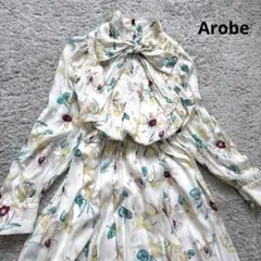Arobe アローブ　花柄ボウタイタックロングワンピース　フレア
