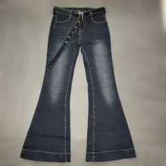 ベルト付き フレアデニムパンツ インディゴ ブーツカット L