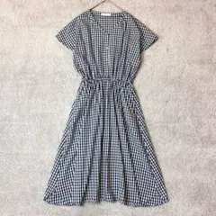 ショコラフィネローブ　ギンガムチェック　ロングワンピース　ウエストゴム　紺　F