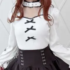 MARS マーズ ハート ベルト付き テレコ トップス ホワイト