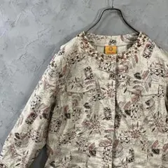 ヴィンテージ　ノーカラージャケット　ビーズ　ベージュ　個性的　七分袖　LO33