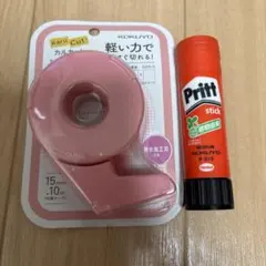 ハンディータイプ小巻テープカッターピンクとスティックのり2点セットのサムネイル