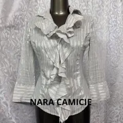 NARA CAMICIEフリル付き五分袖シャツ 白 ストライプ