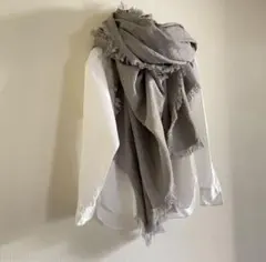 ベルギーリネン　フリンジ　ストール　ショール　グレージュ　リネン　グレー　大判