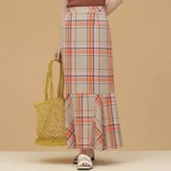 ナノユニバース チェック柄 マーメイドフレアスカート 2 オレンジ ベージュ 春