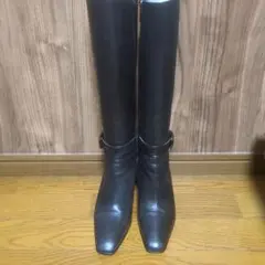 ブラック レザー ロングブーツ ベルトデザイン