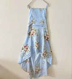 フラワープリント キャミソールワンピース ブルー 前短後長 ロング丈