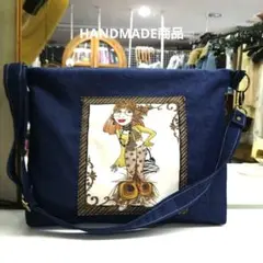 HANDMADEデニムショルダー紐付き バッグ　ロラライハリスパネルレディ