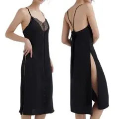 ravijour セクシースリットサテンワンピース ネグリジェ 黒