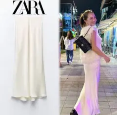 【美品】ZARA アイボリー ザラ サテン 白 ホワイト　ロングスカート フレア