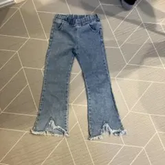 デニムブルー フリンジ裾 ストレートパンツ