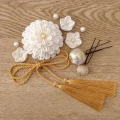 209. つまみ細工髪飾り　オフホワイト ゴールド パール ＊ 10点セット