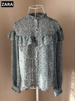 【ZARA】トップス プリント柄ブラウス フリル付き M (9~11 号)