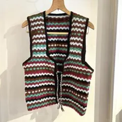 古着　ニット　ベスト　カラフル　手編み
