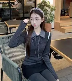 新品 SHEIN 韓国風グレンチェックパッチワークポロリボンニットロングスリーブ