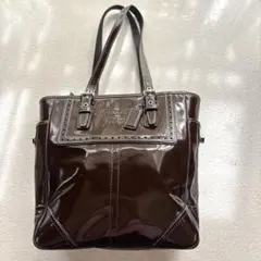コーチ トートバッグ 肩掛け エナメル こげ茶