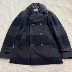 y7217 グローバルワーク ボーダー柄ピーコート メンズM ダークグレー 防寒