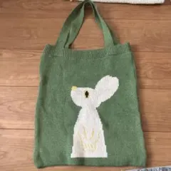 ウサギ刺繍 緑色トートバッグ