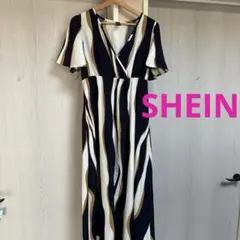 SHEIN 幾何学柄 ロングワンピース 半袖 ネイビー ベージュ Mサイズ