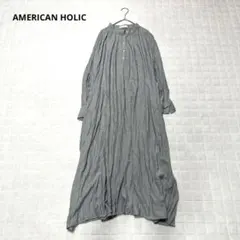 【アメリカンホリック 】ロングシャツワンピース　バンドカラー　長袖　ストライプ