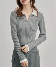 美品　襟付きニット バイカラー ショート丈