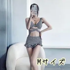 レディース 水着 大人可愛い ワンピース 千鳥格子柄 セパレート白黒 M