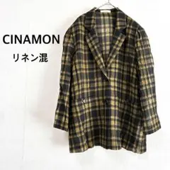 【CINAMON】テーラード ジャケット M ブラック×イエロー チェック 麻混
