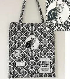 アメショーにゃんこ × ダマスク柄 モノトーン ぺたんこトート 猫 cat