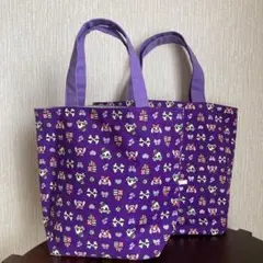 ハンドメイド　バッグ　パープル スカル柄 ハート柄　リボン柄　2点セット