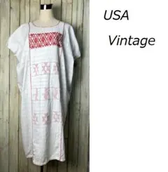USA古着 70s～ 後染 ハンド刺繍 マキシ丈 ロングワンピース 緑 