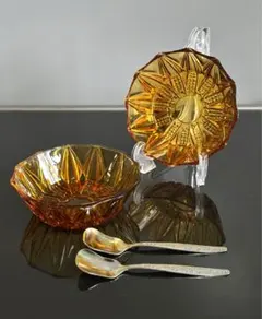 ヴィンテージ　飴色　ガラス小鉢　アンバーガラスボウル　スプーン付き　2セット