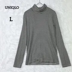 ユニクロ リブ タートルネックカットソー L ボーダー 綿混