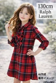ラルフローレン キッズ フリル付赤チェックシャツ ワンピース