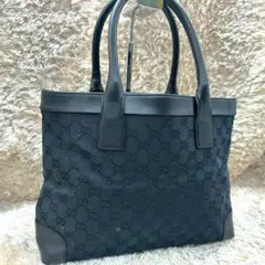 【美品】グッチ トートバッグ ハンドバッグ ブラック キャンバス GG柄