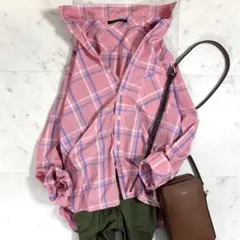 美品 バンヤードストーム チェック柄 シャツ 長袖 ピンク 洗える 綿100%