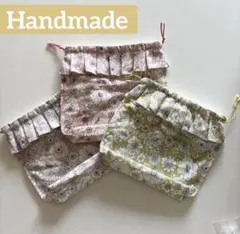 ハンドメイド/ 花柄巾着袋(マチあり)3点セット ヘアゴム付き