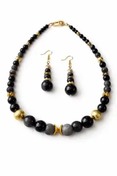 シルバーオブシディアンネックレスピアスセット